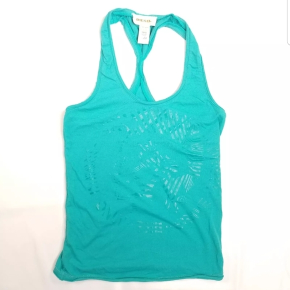 Diesel Women's Racer Back Tank Top Only The Brave Logo Graphics Teal Size XXS - Picture 1 of 9